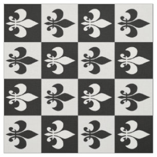 Chequered Geometric Black White Fleur-de-lis Fabric