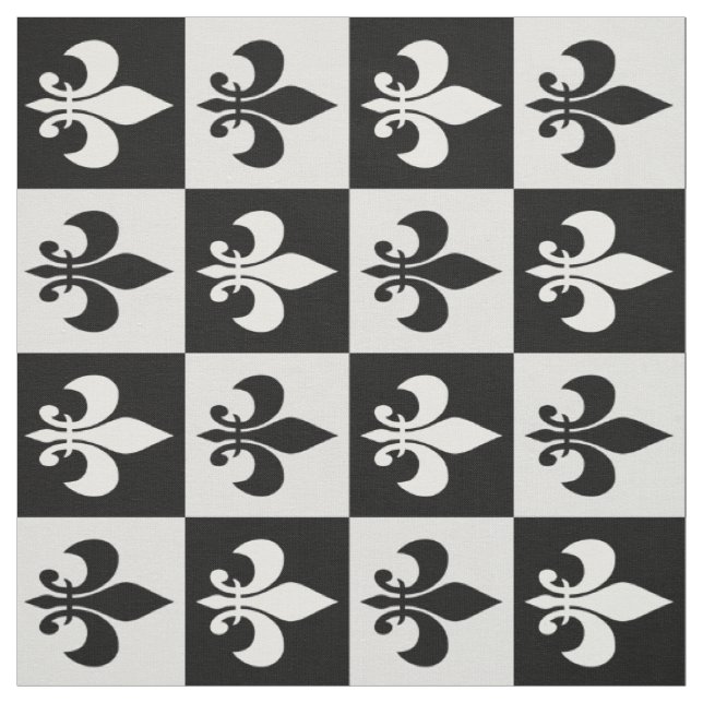 Chequered Geometric Black White Fleur-de-lis  Fabric (Swatch)