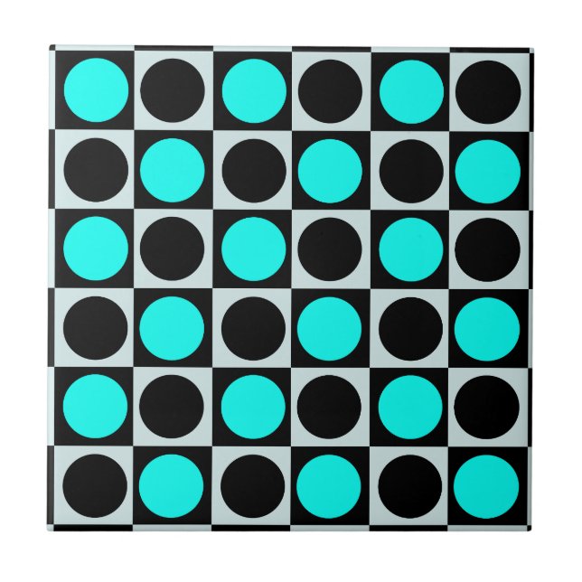 Chequered Geometric Blue Black Circle Polka Dots  Ceramic Tile (Front)