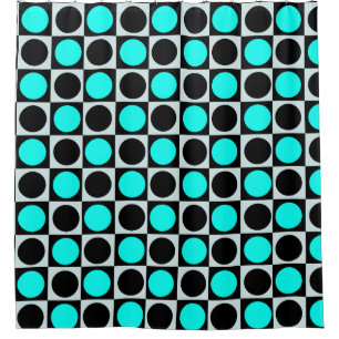 Chequered Geometric Blue Black Circle Polka Dots Shower Curtain