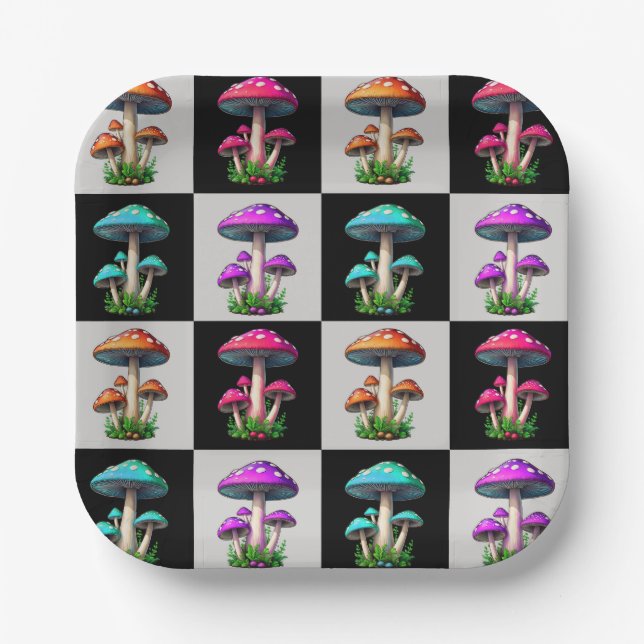 Chequered Geometric Mushroom Paper Plate (Front)