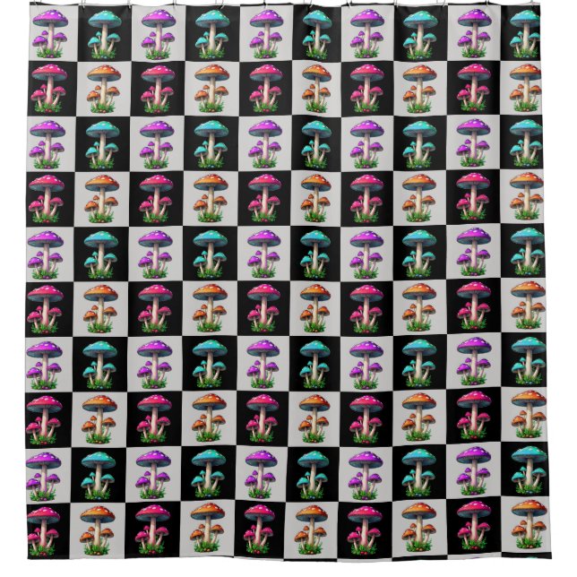 Chequered Geometric Mushroom Shower Curtain (Front)