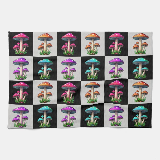 Chequered Geometric Mushroom Tea Towel (Horizontal)