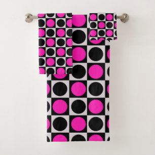 Chequered Geometric Pink Black Circle Polka Dots Bath Towel Set