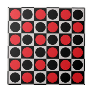 Chequered Geometric Red Black Circle Polka Dots Ceramic Tile