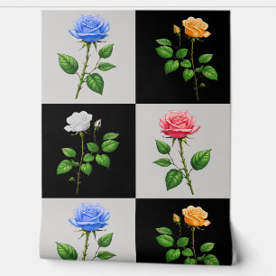 Chequered Geometric Rose Floral Wallpaper