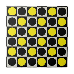 Chequered Geometric Yellow Black Circle Polka Dot Ceramic Tile