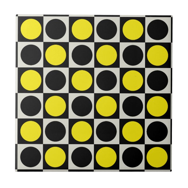 Chequered Geometric Yellow Black Circle Polka Dot Ceramic Tile (Front)
