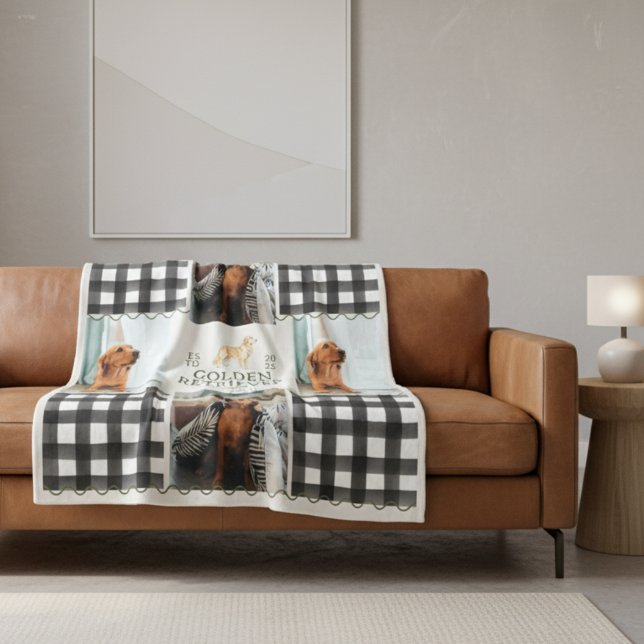 Chequered Gingham Golden Retriever Pet Four Photo Fleece Blanket (Cozy up with this Checkered Gingham Golden Retriever Pet Four Photo Blanket!)