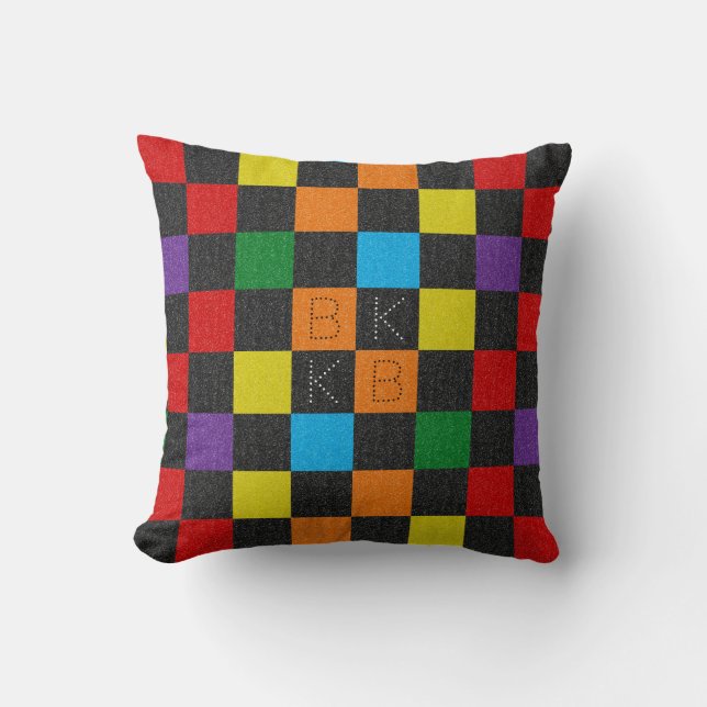Chequered Glitter Rainbow LGBTQ Gay Pride Monogram Cushion (Front)