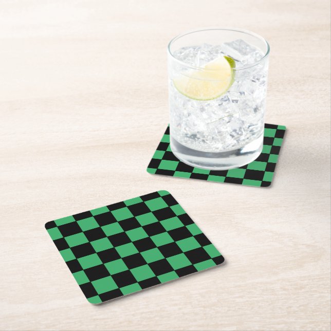 Chequered Green and Black Square Paper Coaster (Insitu)
