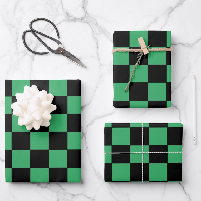 Chequered Green and Black Wrapping Paper Sheet (Front)