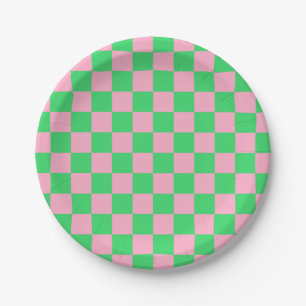 Chequered Green and Pink Paper Plate