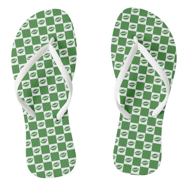 Chequered Green and White Lips Clover Pattern Thongs (Footbed)