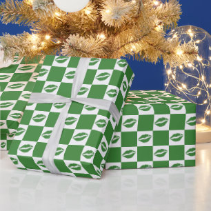 Chequered Green and White Lips Clover Pattern Wrapping Paper