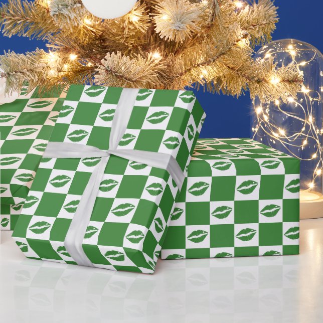 Chequered Green and White Lips Clover Pattern Wrapping Paper (Holidays)