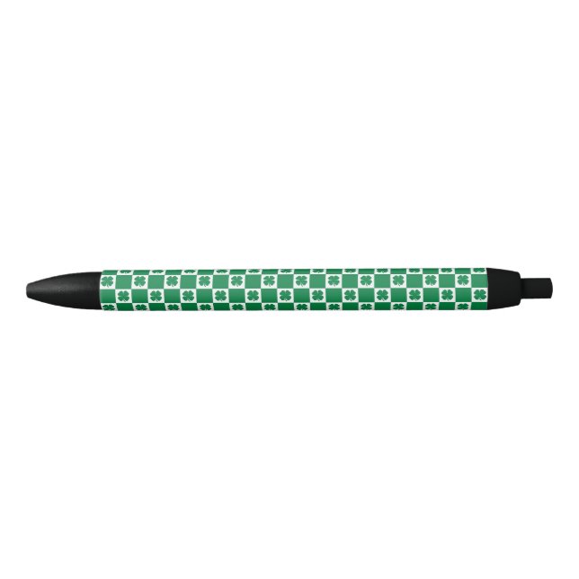 Chequered Green and White Shamrock Clover Pattern  Black Ink Pen (Front)