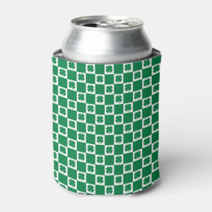 Chequered Green and White Shamrock Clover Pattern Can Cooler