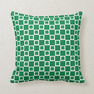 Chequered Green and White Shamrock Clover Pattern Cushion