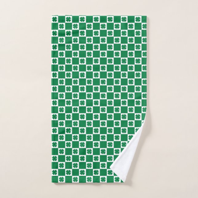 Chequered Green and White Shamrock Clover Pattern Hand Towel (Hand Towel)