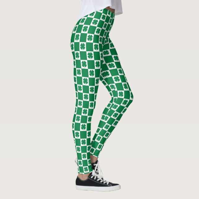 Chequered Green and White Shamrock Clover Pattern Leggings (Right)