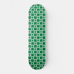 Chequered Green and White Shamrock Clover Pattern Skateboard