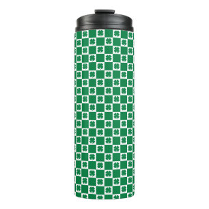 Chequered Green and White Shamrock Clover Pattern Thermal Tumbler
