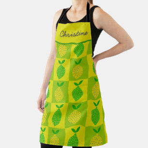 Chequered Green and Yellow Lemons Custom Name  Apron