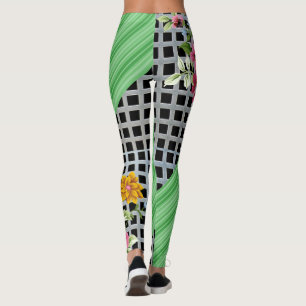 Chequered Green Floral White Leggings