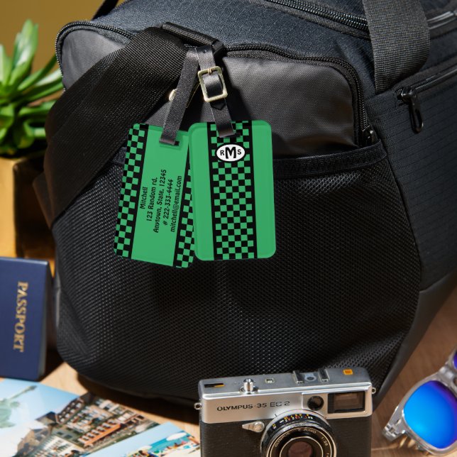 Chequered Green Monogram Luggage Tag (Front & Back)