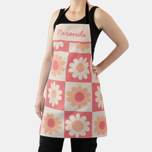 Chequered Groovy  Peach Fuzz Retro Flowers Custom  Apron (Insitu)