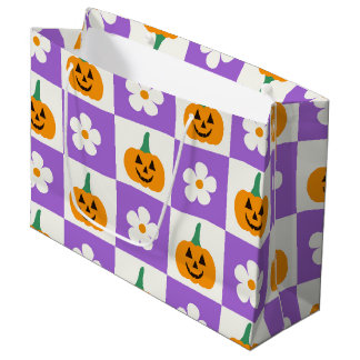 Chequered Halloween Pumpkins and Retro Flowers Large Gift Bag