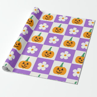Chequered Halloween Pumpkins and Retro Flowers Wrapping Paper