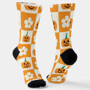 Chequered Halloween Pumpkins with retro flowers  Socks