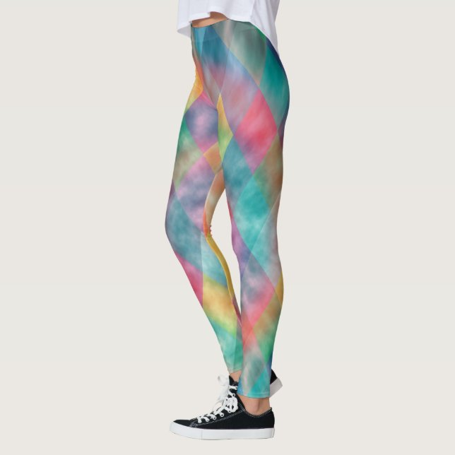 Chequered Harlequin Pale Rainbow Monogram Name Leggings (Left)