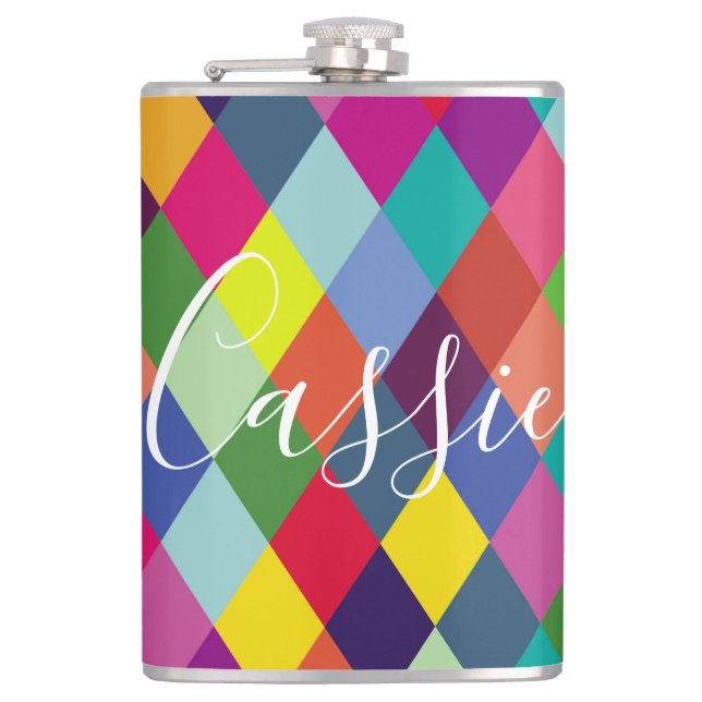 Chequered Harlequin Rainbow Thermal Tumbler Hip Flask (Front)