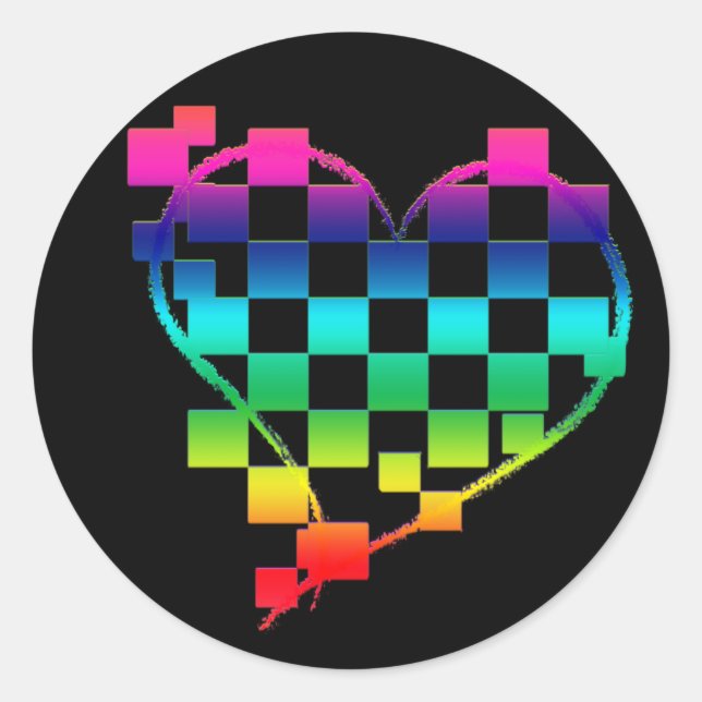 chequered heart. v1. classic round sticker (Front)