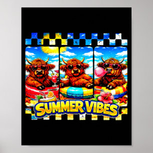 Chequered Highland Cow Summer Vibes Beach Vacation Poster