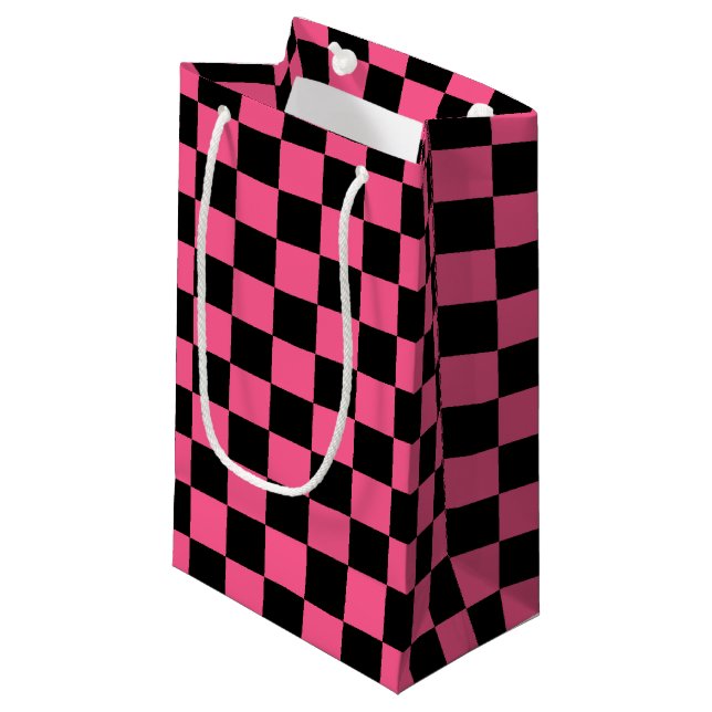 Chequered Hot Pink and Black Small Gift Bag (Front Angled)