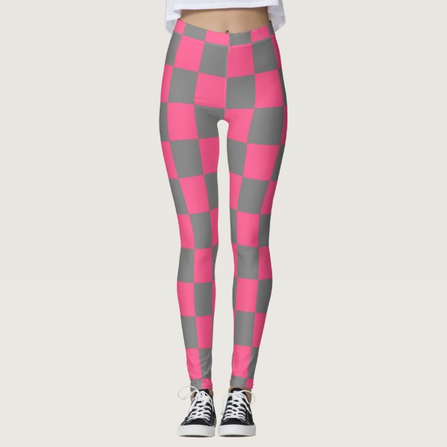 Chequered Hot Pink and Charcoal Grey Leggings (Front)