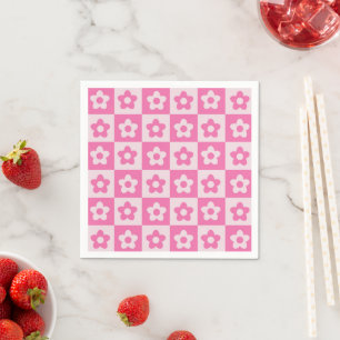 Chequered Hot Pink and White Retro Flowers Pattern Napkin