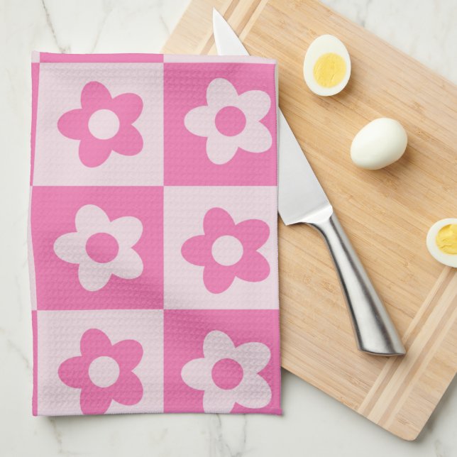Chequered Hot Pink and White Retro Flowers Pattern Tea Towel (Quarter Fold)