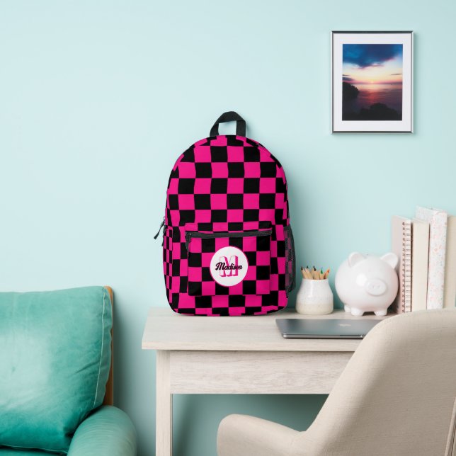 Chequered hot pink black geometric retro Monogram Printed Backpack (Insitu)