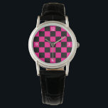 Chequered hot pink black geometric retro w numbers watch<br><div class="desc">Chequered squares hot pink black geometric retro pattern Fashion Accessory Wrist Watch gift for her. Cool retro chequered geometric square pattern. Vintage tile black and hot pink modern chequered.</div>