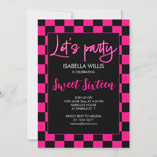 Chequered hot pink black retro Lets party Sweet 16 Invitation (Front)