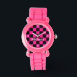Chequered hot pink black retro w numbers Your name Watch<br><div class="desc">Chequered hot pink black retro Wrist Watch with numbers and Your name WatchCheckered squares hot pink black geometric retro pattern Fashion Accessory Wrist Watch gift for her. Cool retro chequered geometric square pattern. Vintage tile black and hot pink modern chequered.</div>