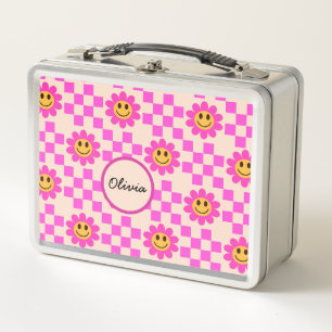Chequered Hot Pink Smiling Flowers Custom Name Metal Lunch Box