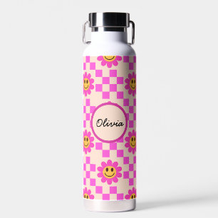Chequered Hot Pink Smiling Flowers Custom Name Water Bottle