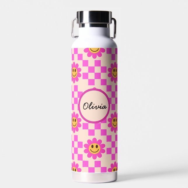 Chequered Hot Pink Smiling Flowers Custom Name   Water Bottle (Front)