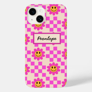 Chequered Hot Pink Smiling Flowers Personalised Case-Mate iPhone 14 Case